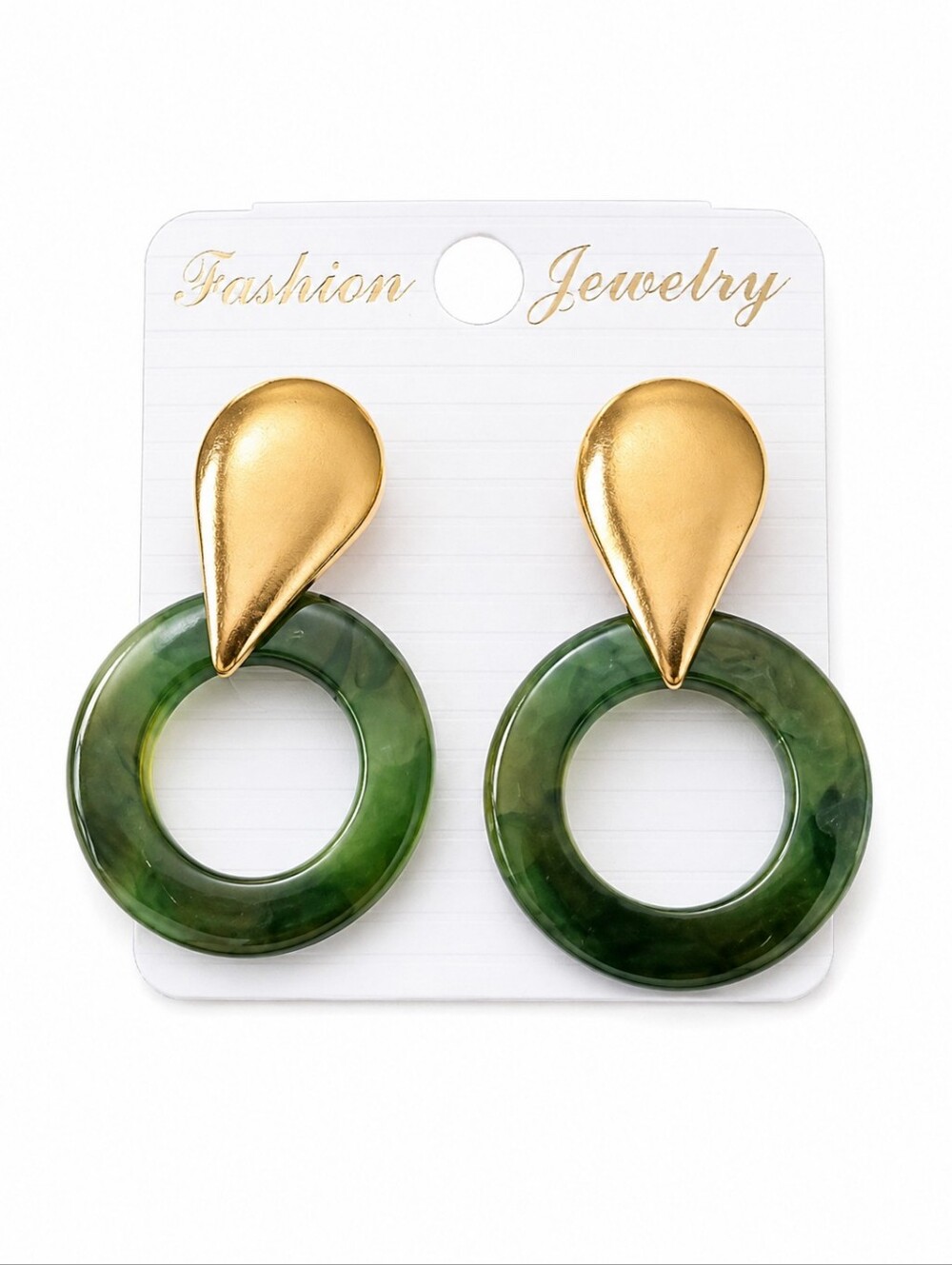 Green Marble Resin Hoop Drop Earrings Gold Tone Statement Dangle Earrings